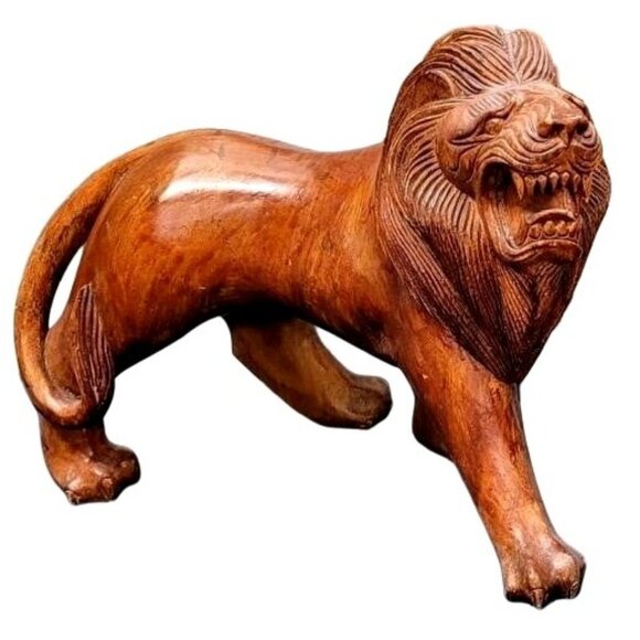 Set o2 Huge Hand-Carved Mid Century Wooden Wood  Roaring Lion Statues 17x13 - Picture 2 of 16